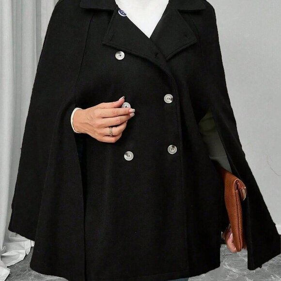 Black Elegant Women's Plus Size Button Poncho Sleeve Wool Coat - Picture 3 of 6
